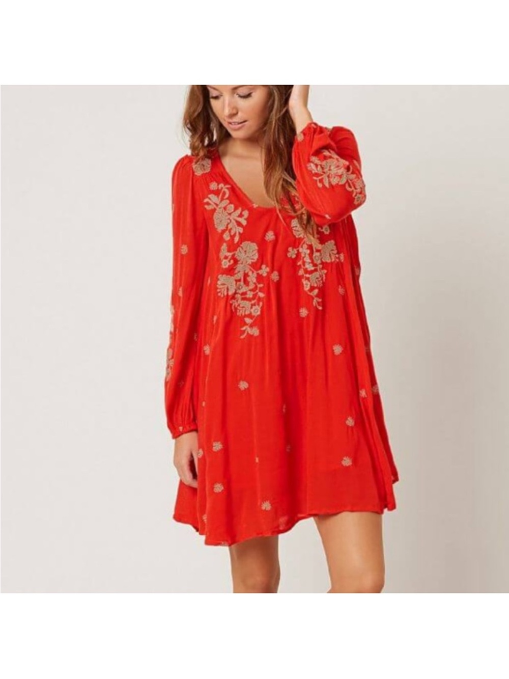 Free People XS Red Embroidered Mini Dress Open Back Long Sleeve Boho